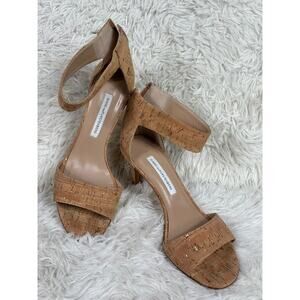 Diane Von Furstenberg Kinder Cork Ankle Strap Heel Womens Size 8 Tan Leather